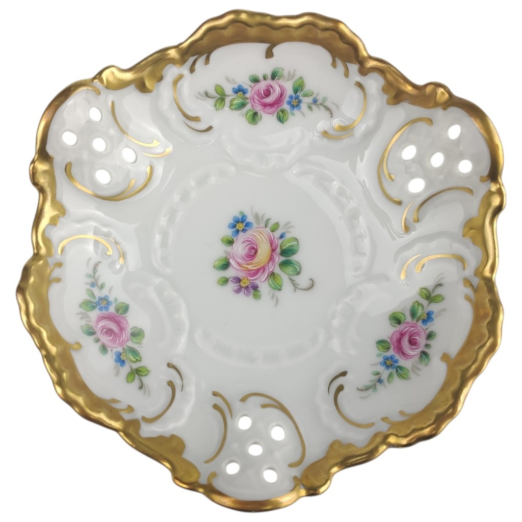 [1823030] Schale Schälchen Durchbruchschale mini 11 cm Lindner Porzellan Blumendekor Goldrand gebraucht - sehr gut Bild 3