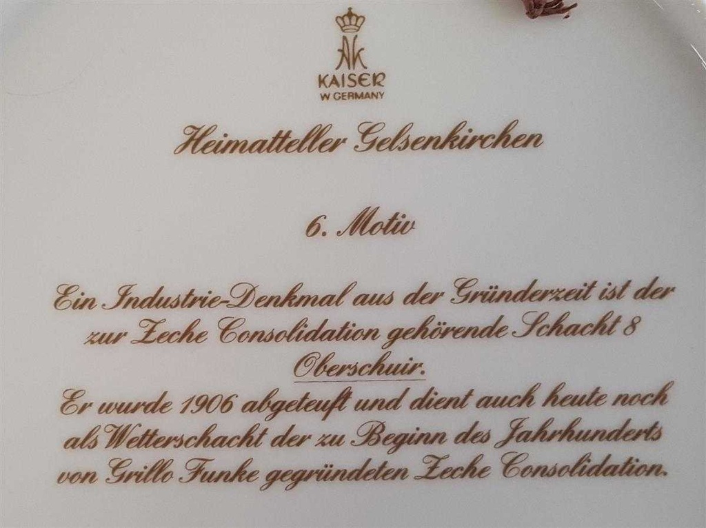 [45811529] Heimatteller AK Kaiser Porzellan Wandteller Gelsenkirchen 6.Motiv Zeche Consolidation Schacht 8 Oberschuir gebraucht - sehr gut Bild 5