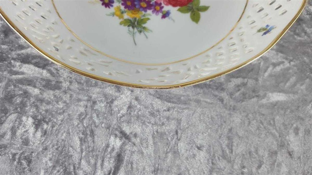 [458118343] Schale Durchbruchschale Goldrand Durchbrucharbeit 23 cm Marienbad Ingres Weiss bunte Blumen gebraucht - gut Bild 4