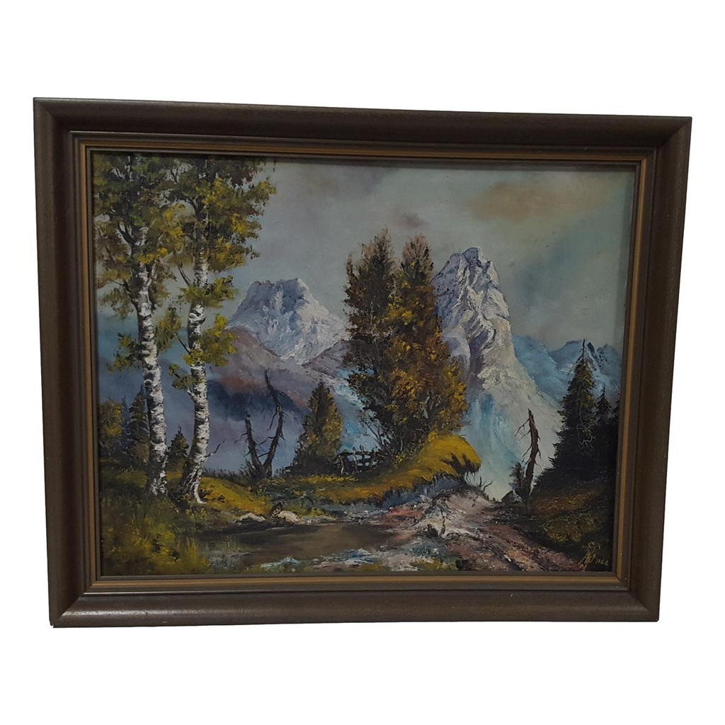 [M45-002-005] Öl Ölgemälde Gemälde Wandbild Ölbild mit Rahmen 68x56x4,5 cm Landschaft Berge Bild 2