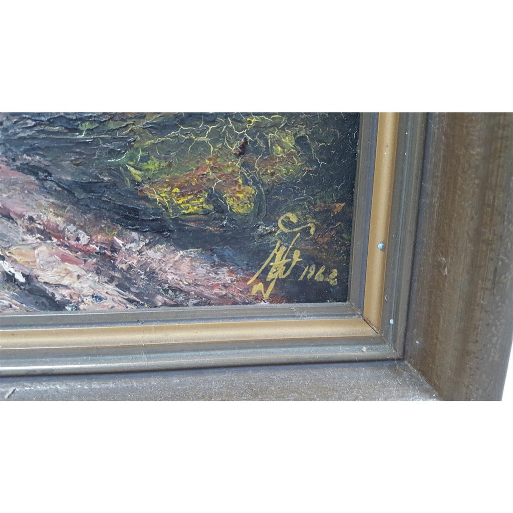 [M45-002-005] Öl Ölgemälde Gemälde Wandbild Ölbild mit Rahmen 68x56x4,5 cm Landschaft Berge Bild 3