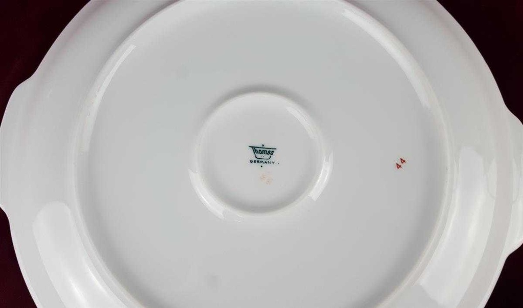 [458119552] Dessertteller Kuchenplatte mit Henkeln Goldrand Thomas Porzellan Unbekannte Formen Weiß gebraucht - gut Bild 6