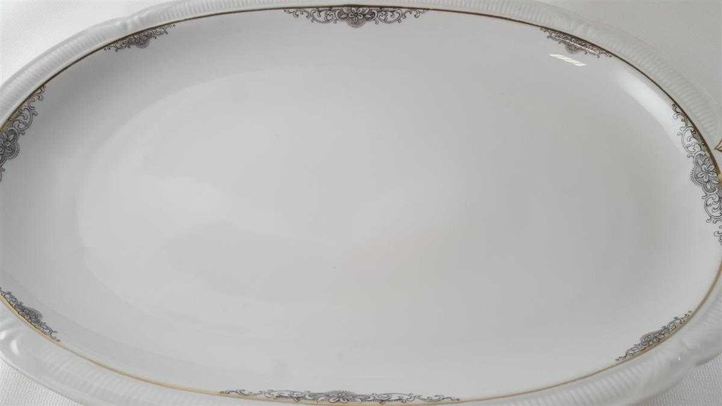 [45812943] Servierplatte Speiseplatte Fleischplatte Steakplatte 33,8x22,8 cm Zeh Scherzer Reliefdekor Platinrand Weiß gebraucht - gut Bild 4