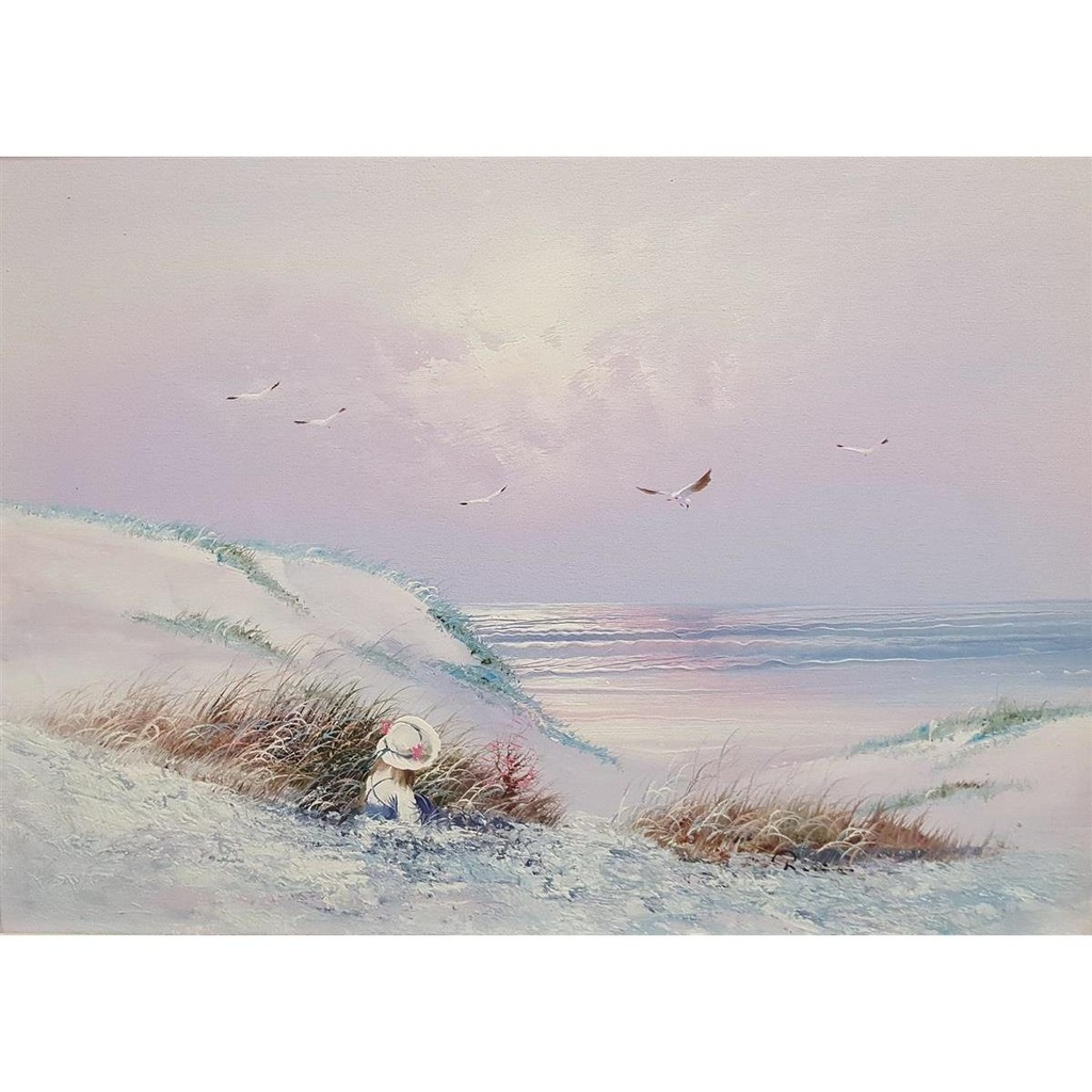 [45813588] Ölgemälde Meer Naturansicht Mädchen Dame am Strand mit Holzrahmen signiert Bild 3