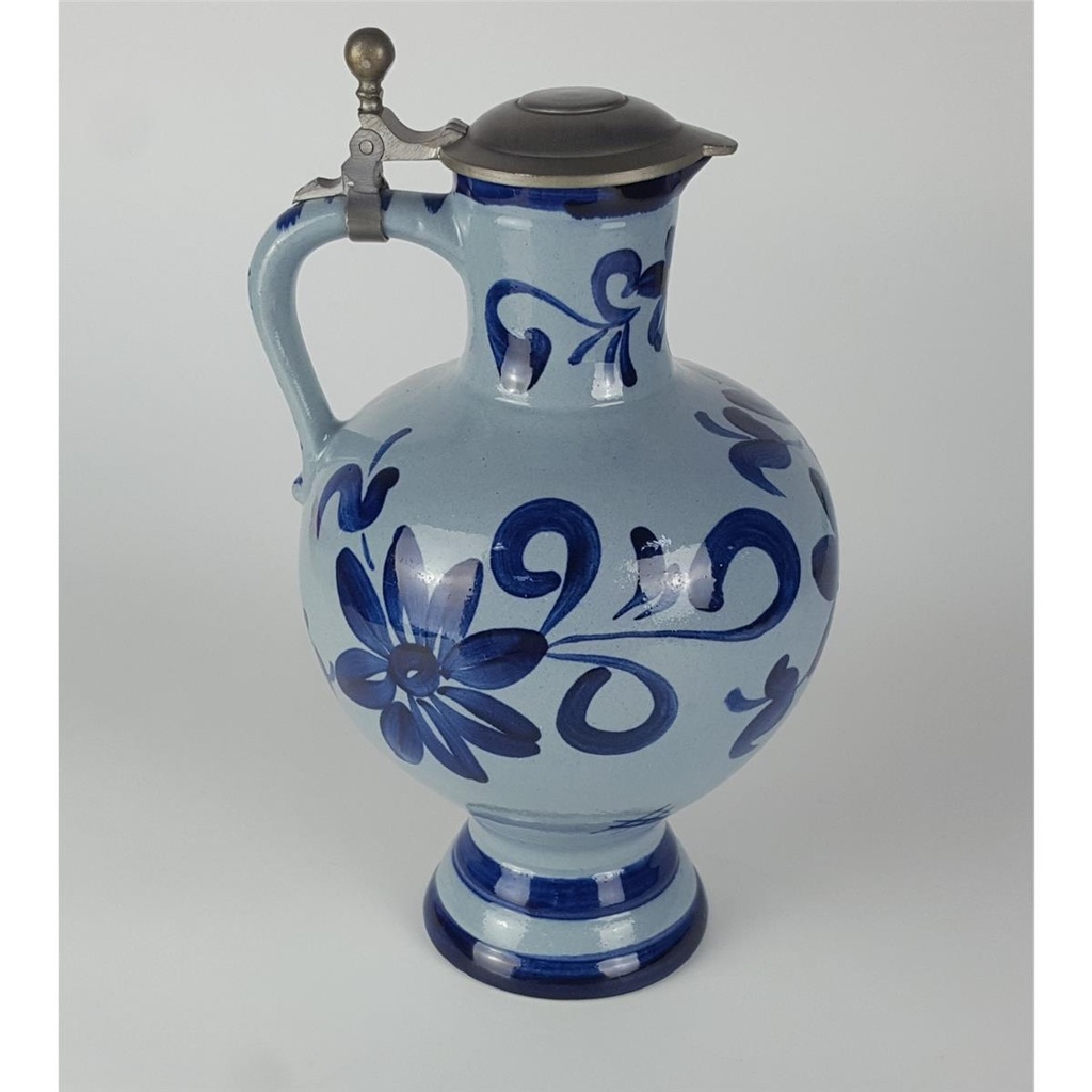 [458138018] Krug mit Zinndeckel Henkelkrug Steingut Blau H 26 cm Bild 3