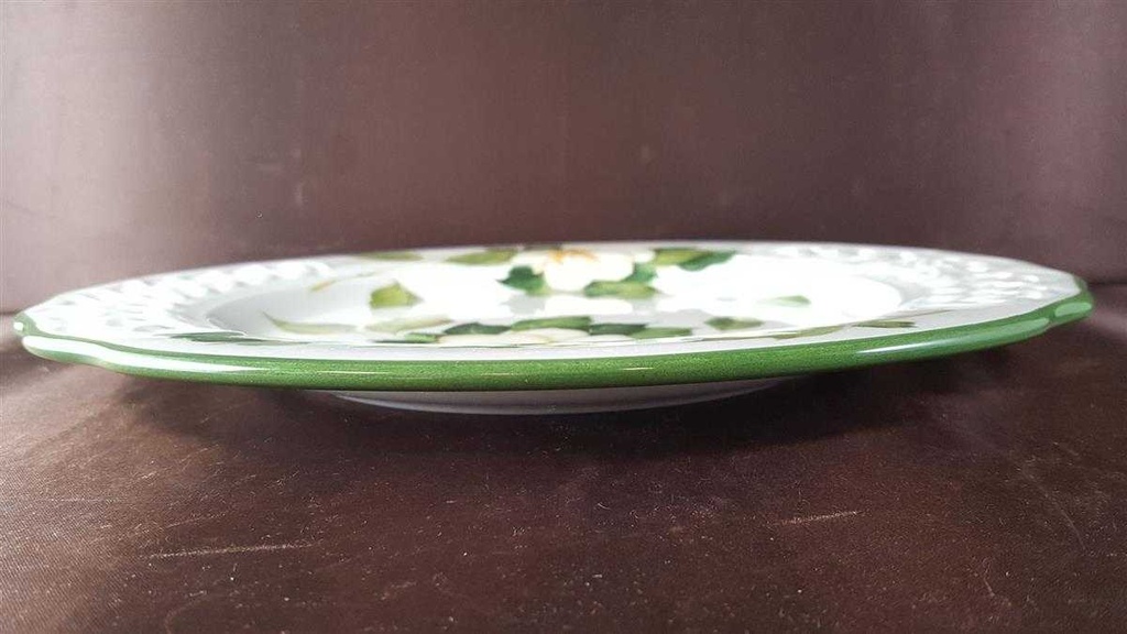 [45813810] Speiseteller Essteller Durchbrucharbeit 27 cm Tiffany Boutique Italy weiße Blume mit Grünrand gebraucht - akzeptabel Bild 3