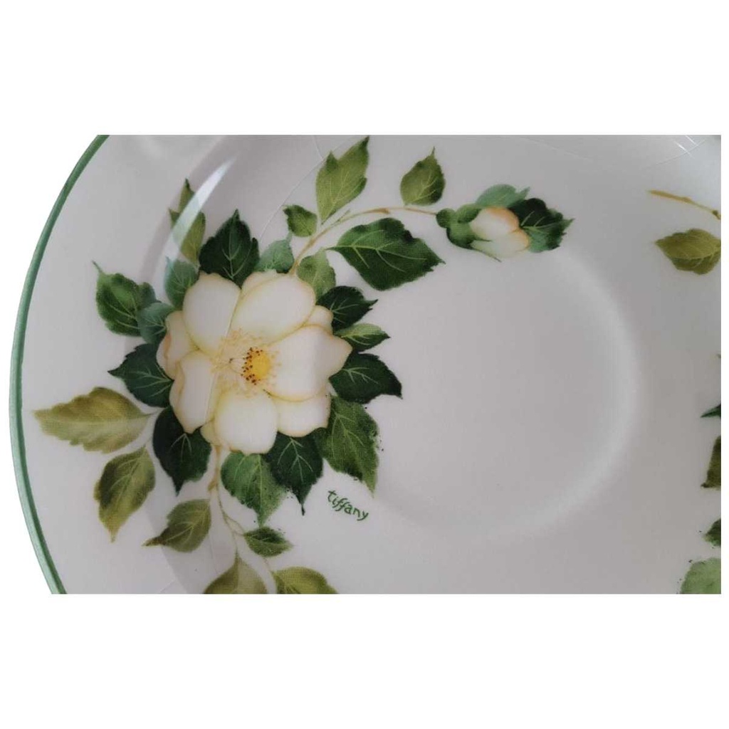 [45813814] Untertasse für Kaffee 17,8 cm Tiffany Boutique Italy weiße Blume mit Grünrand gebraucht - akzeptabel Bild 2