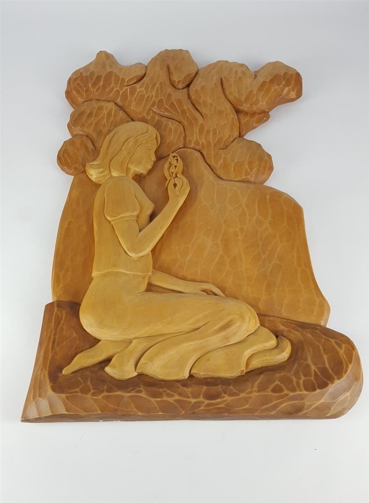 [458138986] Holz Holzschnitzerei Holzkunst Wandbild aus Mädchen mit Blume H 59,5 cm Bild 2