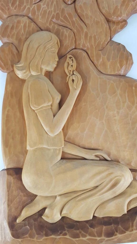 [458138986] Holz Holzschnitzerei Holzkunst Wandbild aus Mädchen mit Blume H 59,5 cm Bild 3