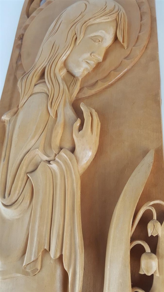 [458138987] Holz Holzschnitzerei Holzkunst Wandbild aus Mädchen mit Blume H 63,2 cm Bild 6
