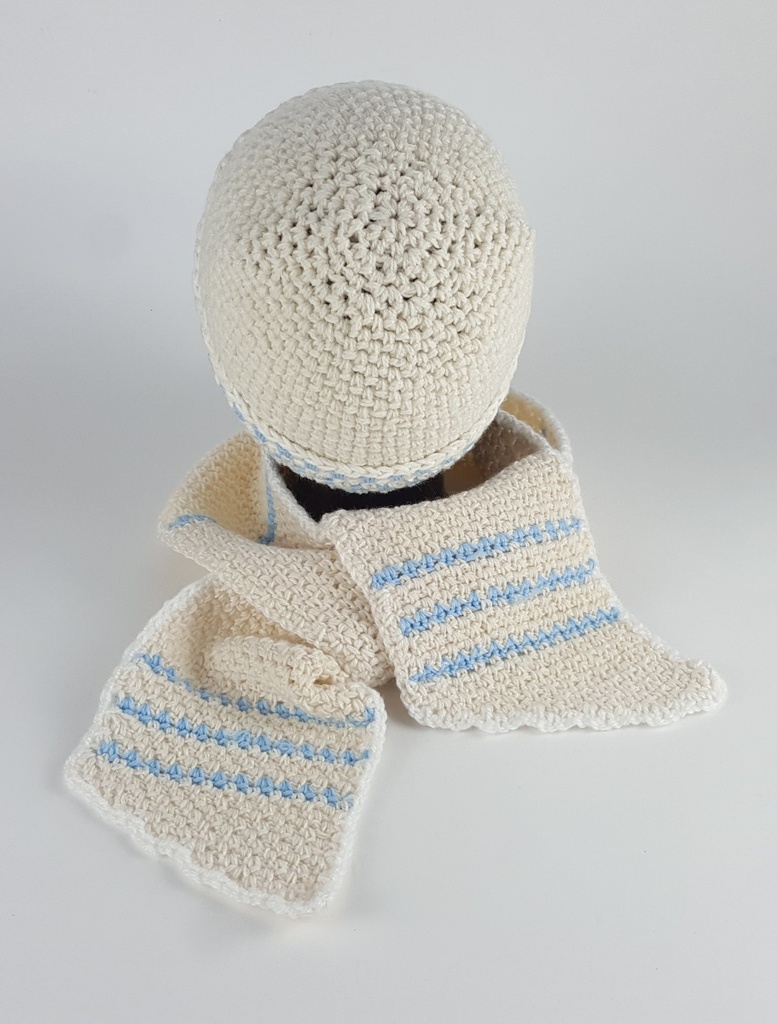 [458139353] Schal Mütze Set 2 tlg Mädchen creme weiß blau Handarbeit gehäkelt Bild 3