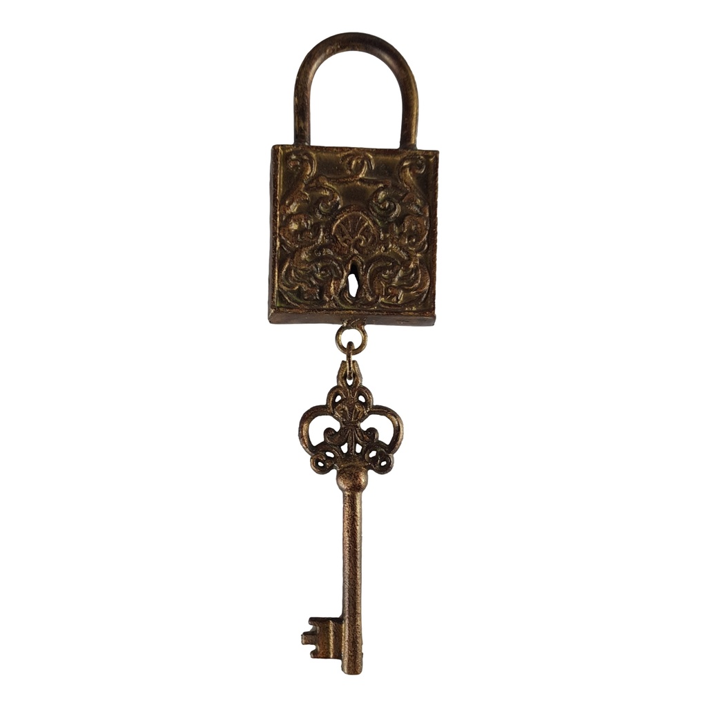 [458139767] Dekoratives Eisen Schloss mit Schlüssel Figur Skulptur Bronze-Look H 31 B 8,2 cm Bild 2
