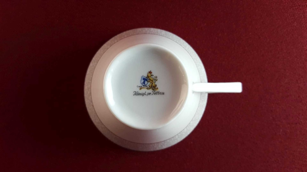 [45814595] Servierplatte Untertasse Teetasse mit Speiseplatte Fleischplatte Tasse Königl. pr. Tettau Ria 1347 grauer Rand gebraucht - gut Bild 3