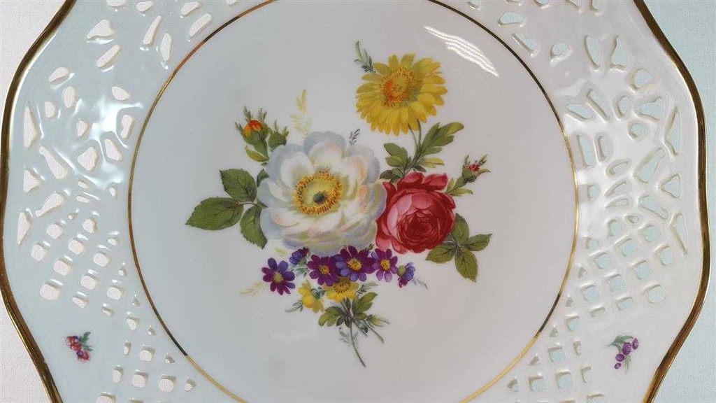 [45815639] Schale Durchbruchschale Goldrand Durchbrucharbeit 23,2 cm Marienbad Ingres Weiss bunte Blumen gebraucht - sehr gut Bild 2