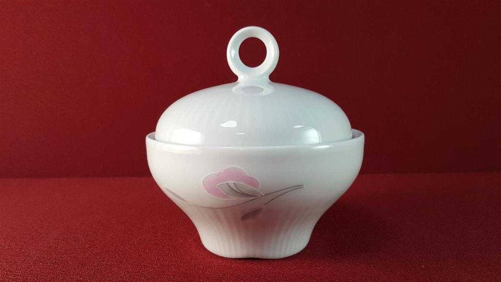 [45815995] Zuckerdose Graf von Henneberg rosa grau Blumendekor gerillt Blumen Weiß DDR gebraucht - sehr gut Bild 3