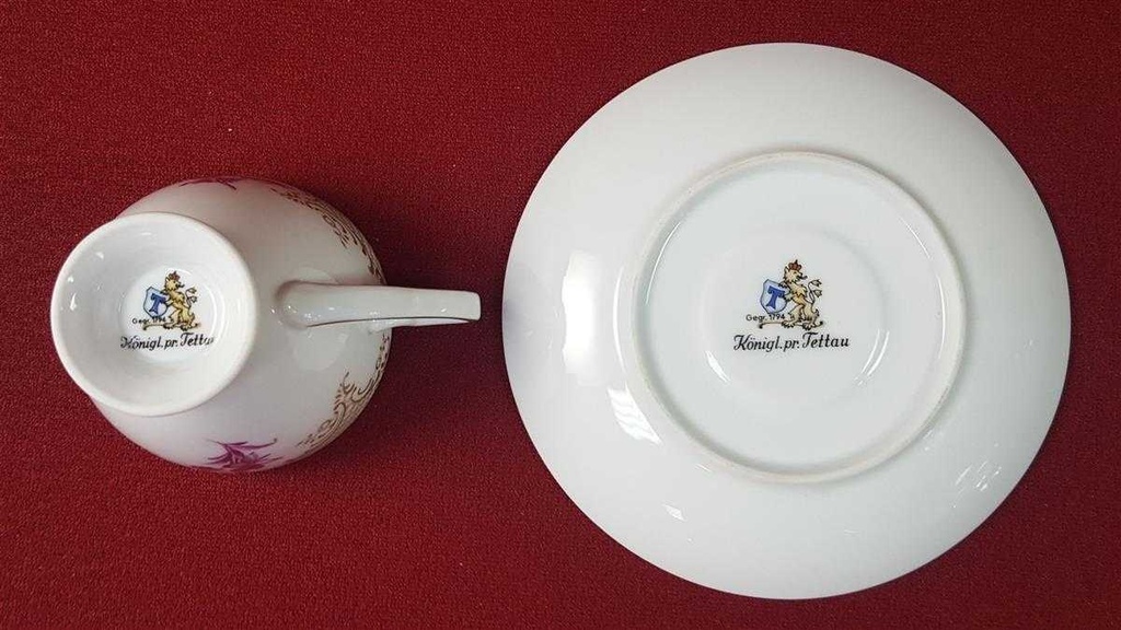 [45816326] Mokkatasse mit Untertasse Tasse Espressotasse Golddekor Königl. pr. Tettau München rote Blumen gebraucht - sehr gut Bild 6