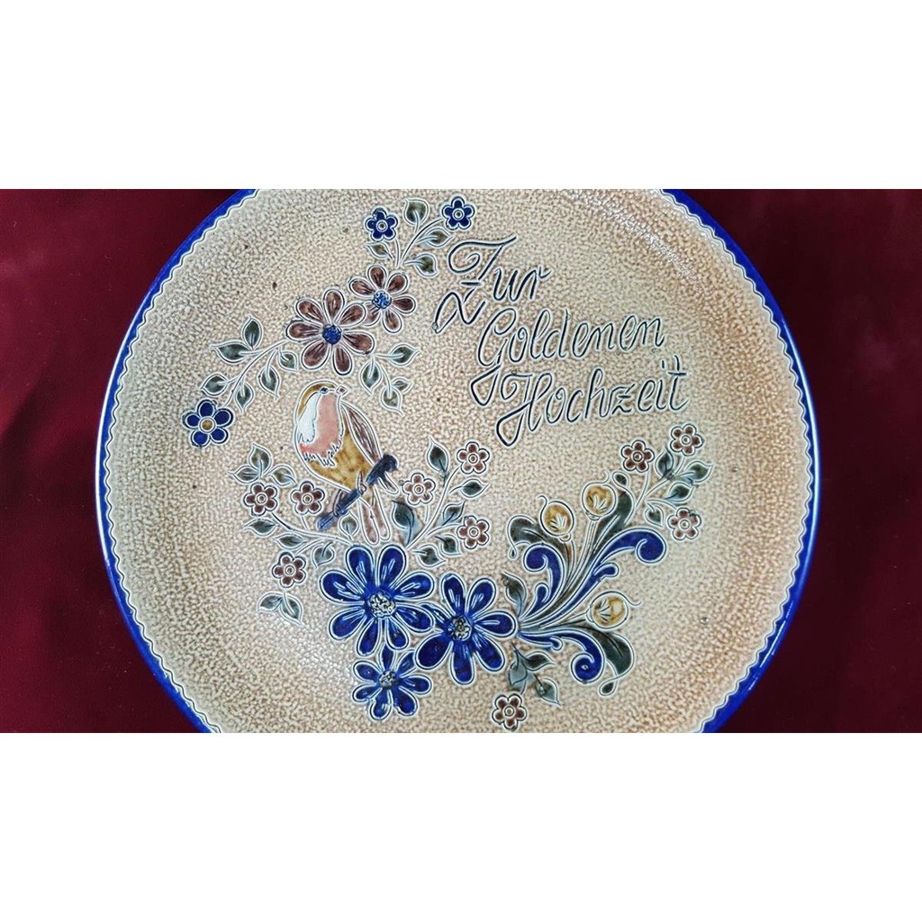 [45816407] Wandteller D 31 cm Zur Goldenen Hochzeit Vogel Blumendekor Handarbeit Keramik Bild 2