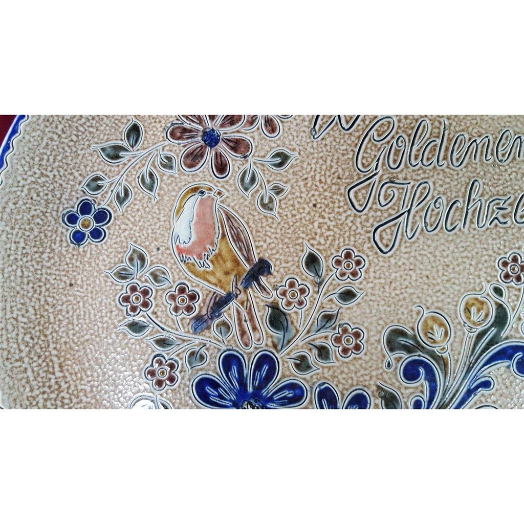 [45816407] Wandteller D 31 cm Zur Goldenen Hochzeit Vogel Blumendekor Handarbeit Keramik Bild 3