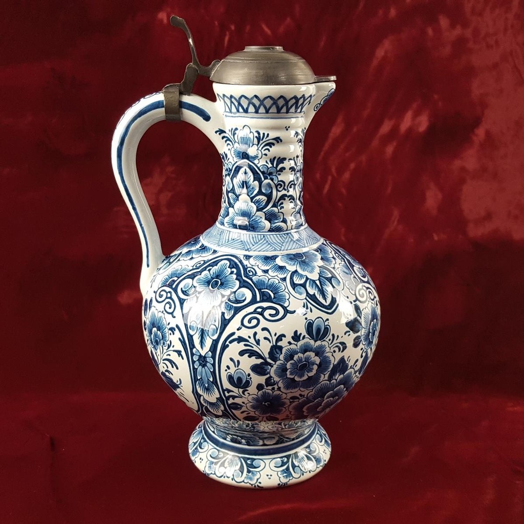 [458166651] Krug 33 cm Henkelkrug mit Zinndeckel Delft Keramik Blumendekor blau Bild 3