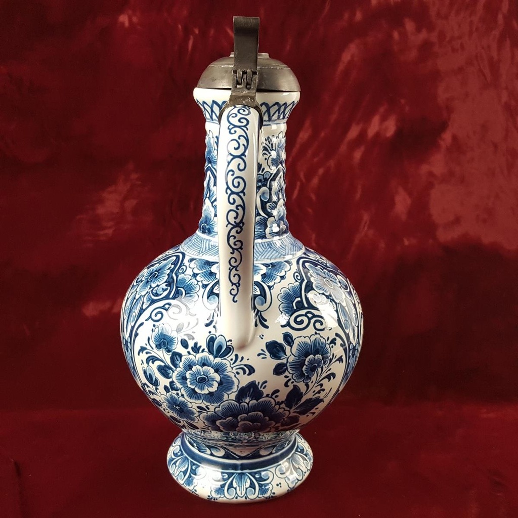 [458166651] Krug 33 cm Henkelkrug mit Zinndeckel Delft Keramik Blumendekor blau Bild 4