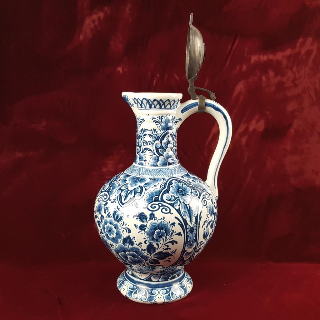 [458166651] Krug 33 cm Henkelkrug mit Zinndeckel Delft Keramik Blumendekor blau Bild 5