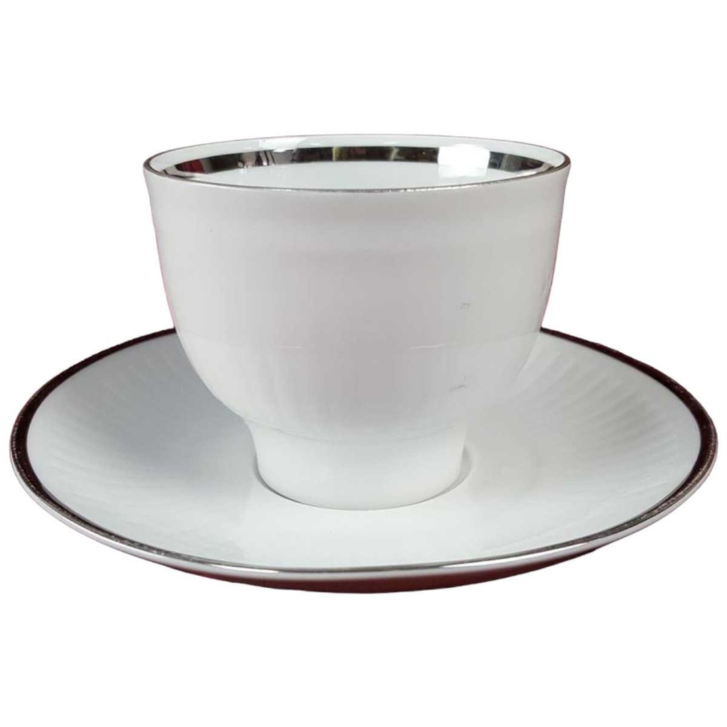 [45816694] Kaffeetasse mit Untertasse Tasse Winterling Kirchenlamitz weiß Silberrand und Rillen gebraucht - akzeptabel Bild 2