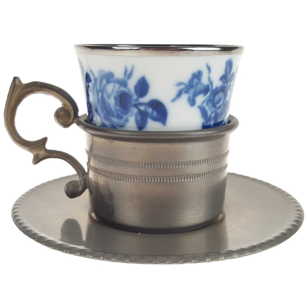 [458167142] Mokkatasse mit Untertasse Espressotasse & Zinnhalter 3tlg Bareuther Platinrand Blaue Rose gebraucht - gut Bild 2