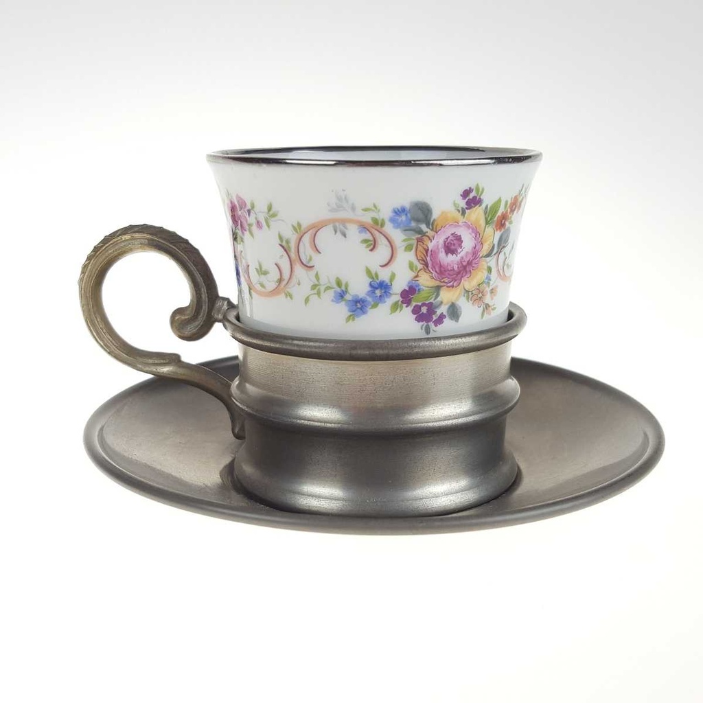 [458167143] Mokkatasse mit Untertasse Zinnhalter 3tlg Royal KPM Bavaria Platinrand gebraucht - gut Bild 3