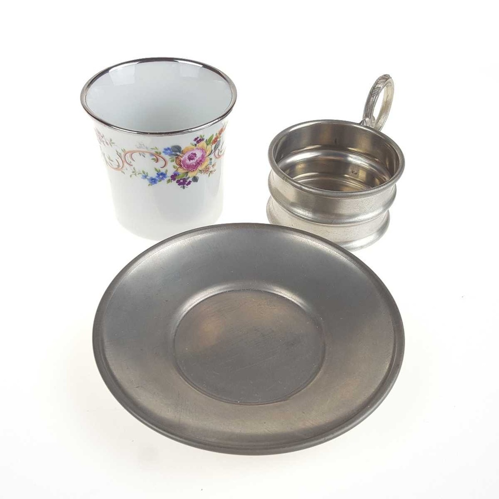 [458167143] Mokkatasse mit Untertasse Zinnhalter 3tlg Royal KPM Bavaria Platinrand gebraucht - gut Bild 4