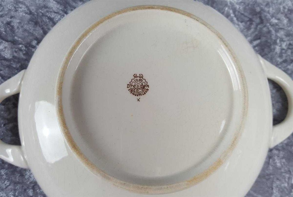 [45816756] Ragoutterrine Servierschüssel mit Deckel VEB Dresden Blumendekor grün gelb Blumen gebraucht - gut Bild 5