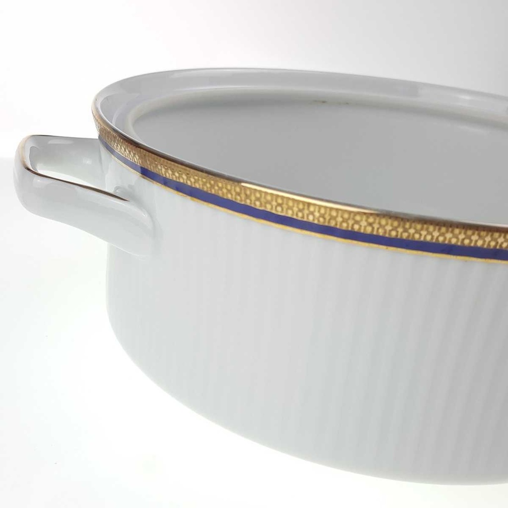 [458168434] Ragoutterrine Servierschüssel Goldrand 1,5 L Bareuther Waldsassen geriffelt Blauband Weiß gebraucht - gut Bild 5