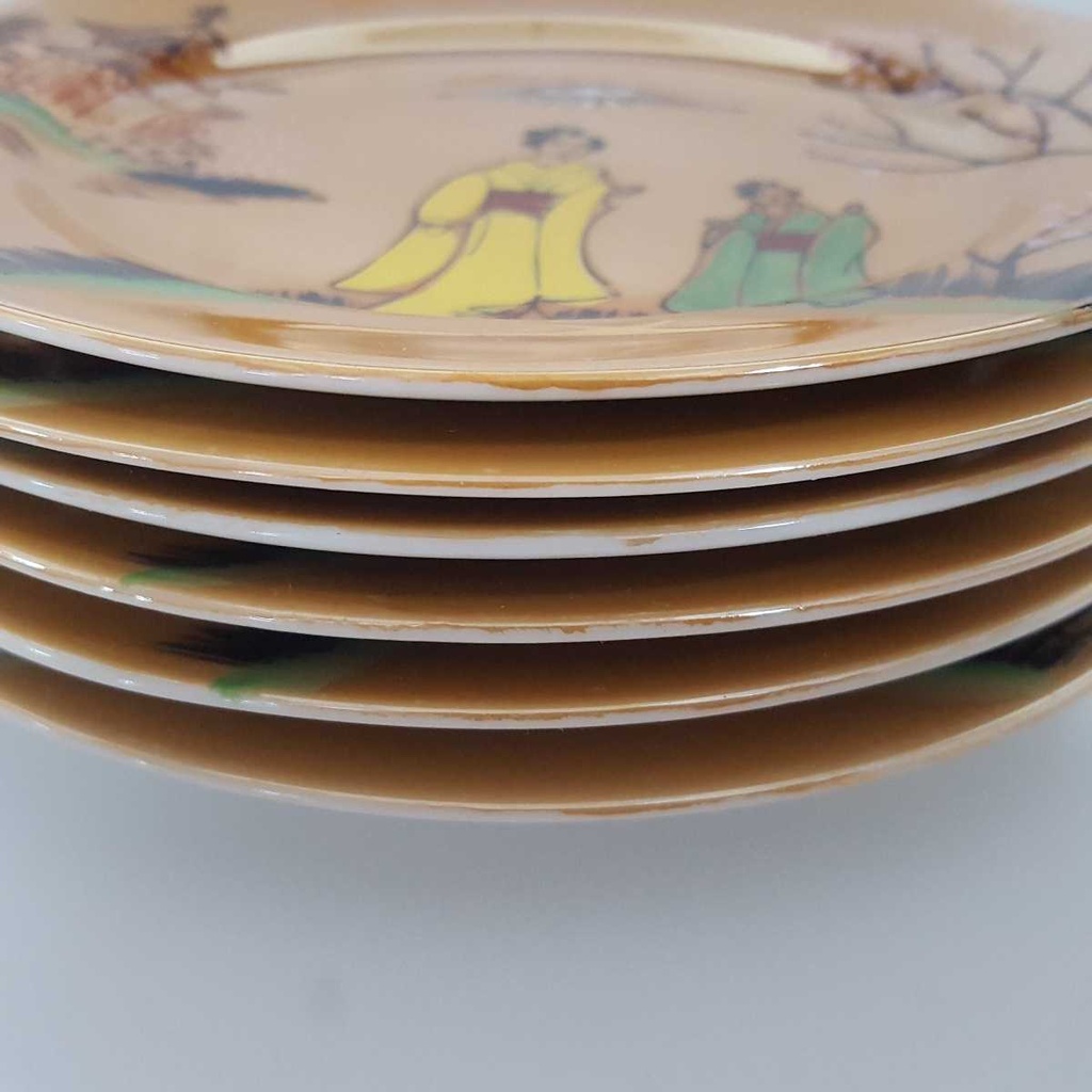 [2119300] 6er Set Kuchenteller 15,2 cm Japan China Geisha Gelb Grün gebraucht - defekt Bild 3