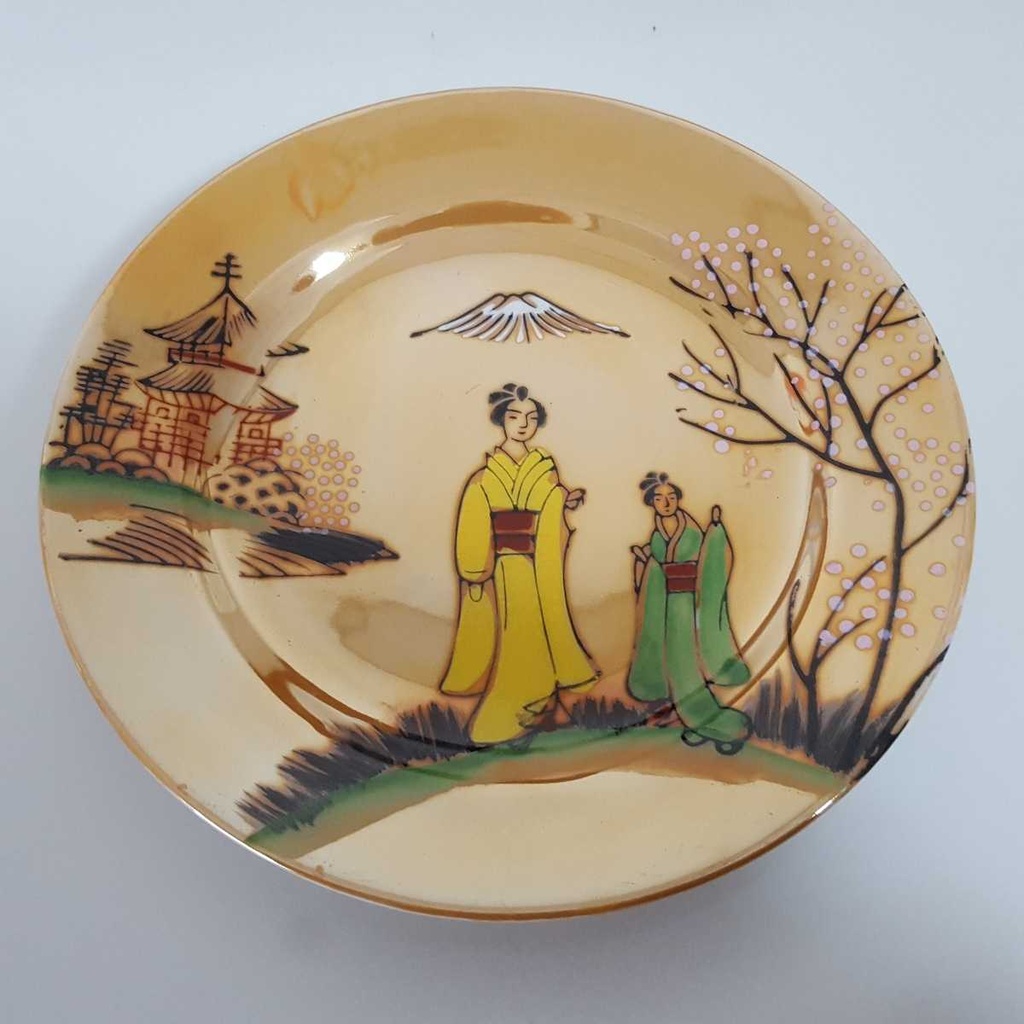 [2119300] 6er Set Kuchenteller 15,2 cm Japan China Geisha Gelb Grün gebraucht - defekt Bild 4