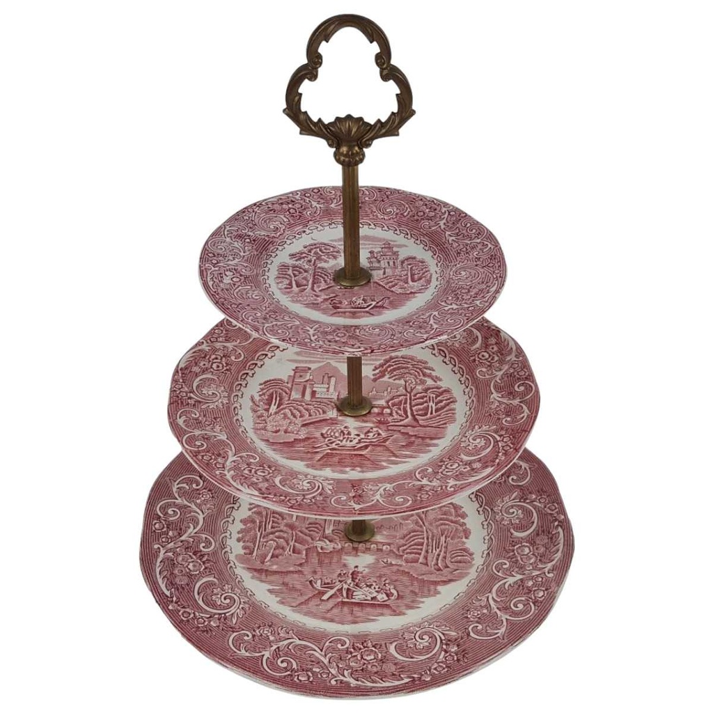 [458168815] Etagere 3-stöckig Staffordshire Ironstone Canterbury River Scene Rot gebraucht - gut Bild 2