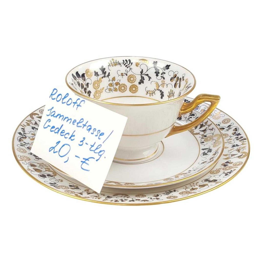 [98194] Sammelgedeck 3tlg Roloff Handmalerei schwarz gold Dekor Untertasse Kuchenteller Teetasse gebraucht - sehr gut Bild 7