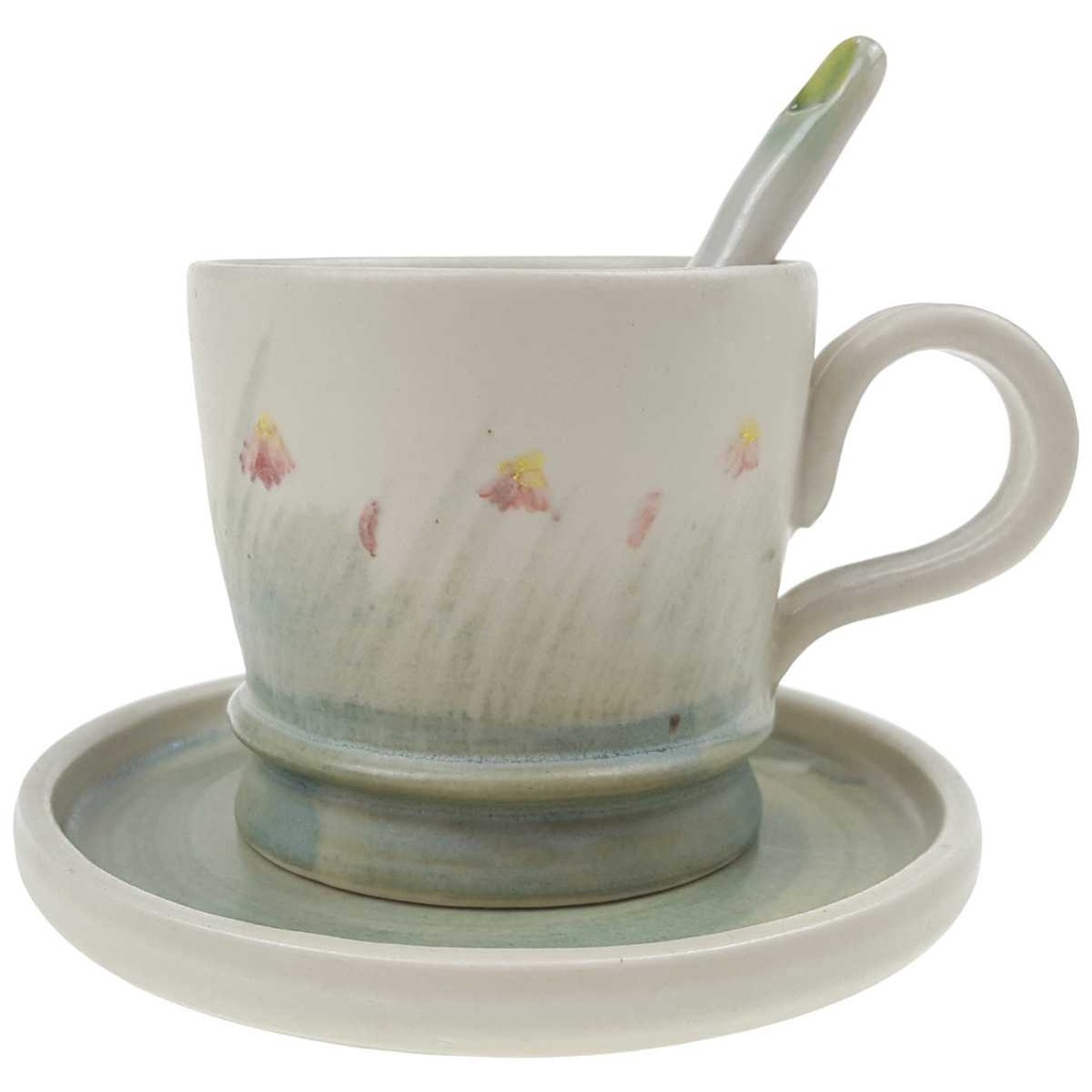 [100042] Kaffeebecher mit Untertasse Löffel 3tlg Blumendekor Bunt gebraucht - sehr gut