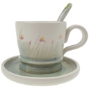 Kaffeebecher mit Untertasse Löffel 3tlg Blumendekor Bunt gebraucht - sehr gut