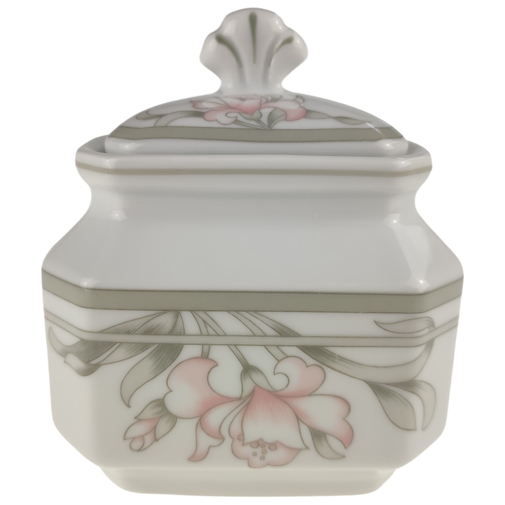 [1805983] Zuckerdose H 10,9 L 9 B 7,5 Arabella Atelier Blumendekor Rosa-Grau Porzellan gebraucht-sehr gut