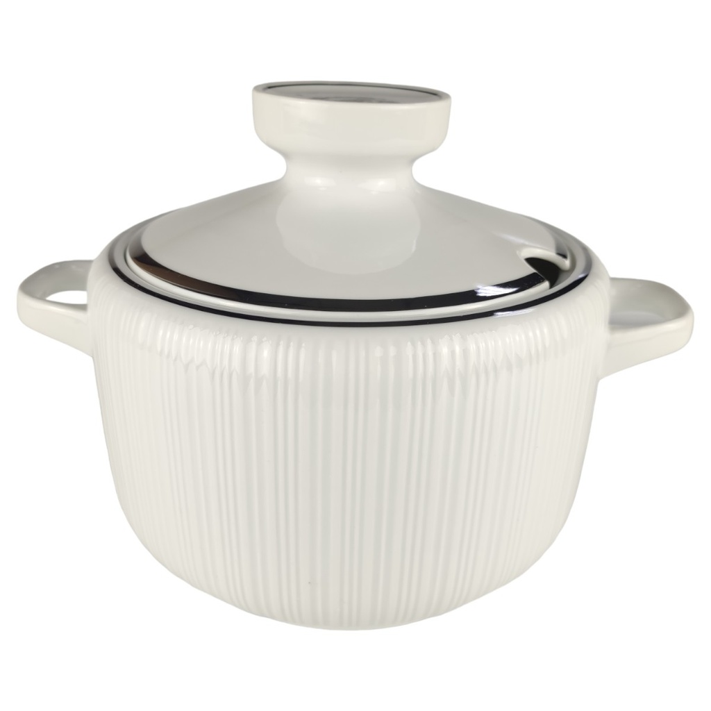 [1806085] Ragoutterrine 1,6 L H 15 L 22 B 16,7 Hutschenreuther Relief Platinrand Porzellan gebraucht-sehr gut