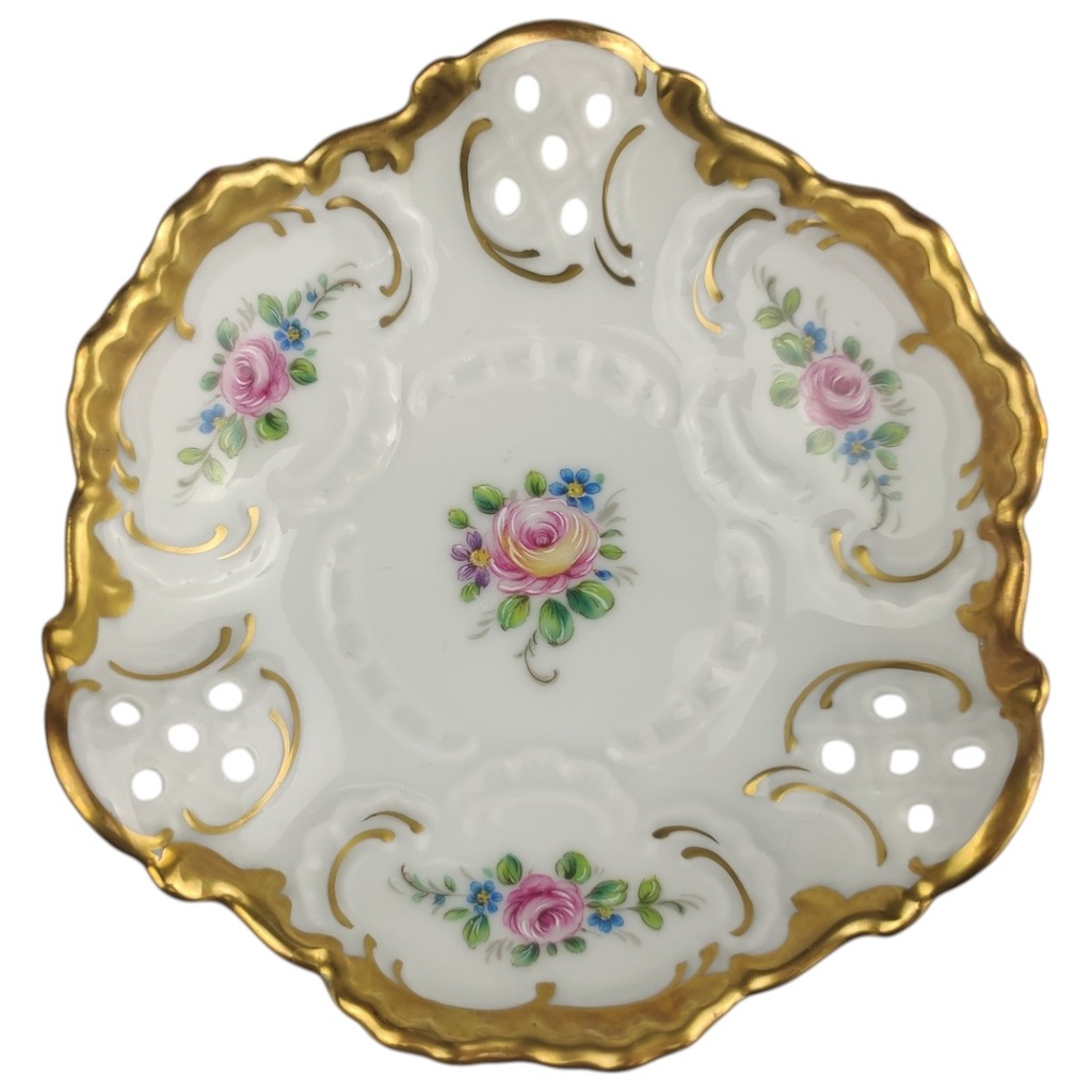 Schale Schälchen Durchbruchschale mini 11 cm Lindner Porzellan Blumendekor Goldrand gebraucht - sehr gut