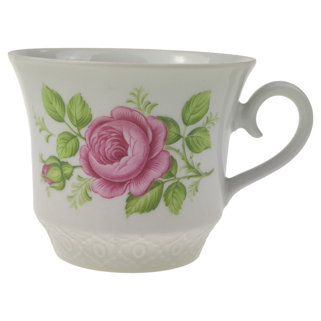 [458110500T] Kaffeetasse mit Untertasse Tasse & Schumann Arzberg Reliefrand rosa Rose gebraucht - gut