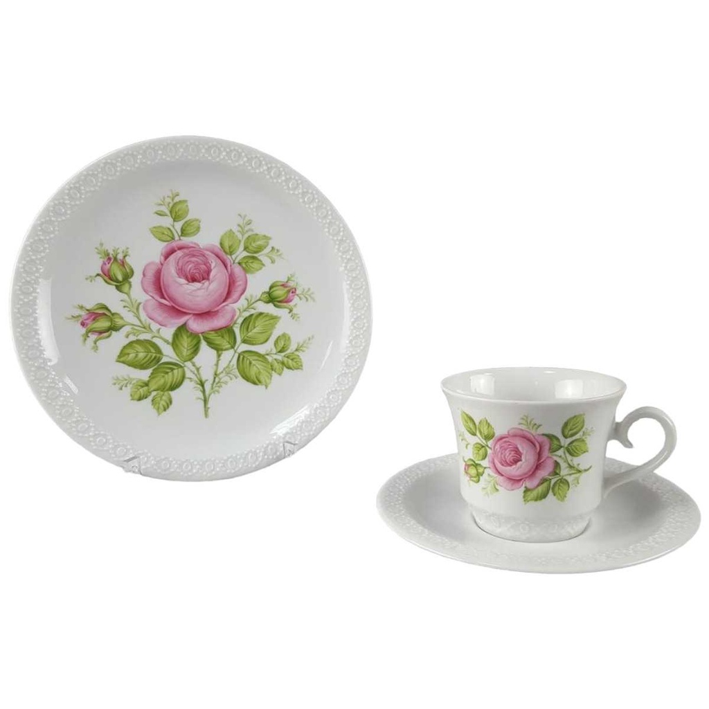 [458110501] Kaffeetasse Kaffeegedeck Kaffeeset Komplett 3tlg Schumann Arzberg Reliefrand rosa Rose gebraucht - akzeptabel