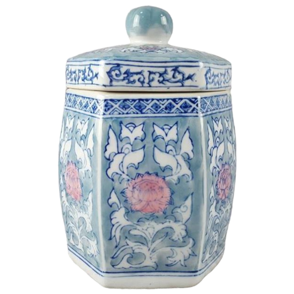 [458110510] Deckeldose 6-Eckig 10,8 H 17 cm Porzellan blau grün rote Blume