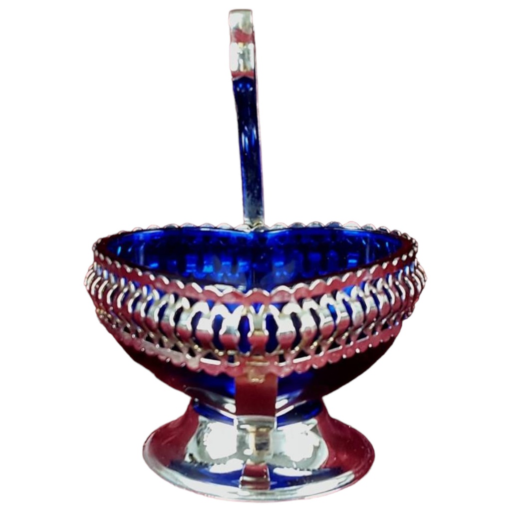 [458110592] Glas Schale blau Metallhalterung H 15 cm