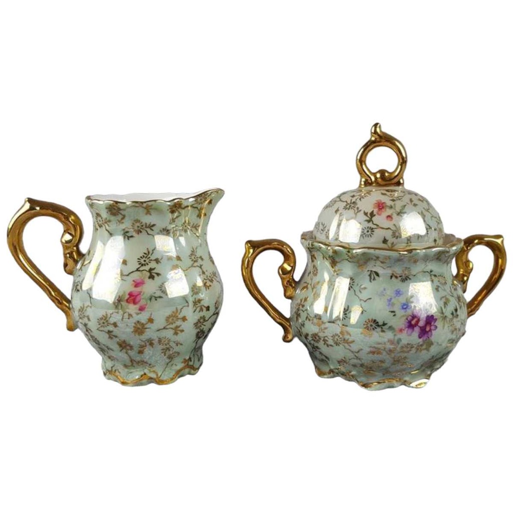 [458117607] Zuckerdose Milchkännchen und Milch & Zucker Set Golddekor Hallerstein Bavaria Blumen gebraucht - gut