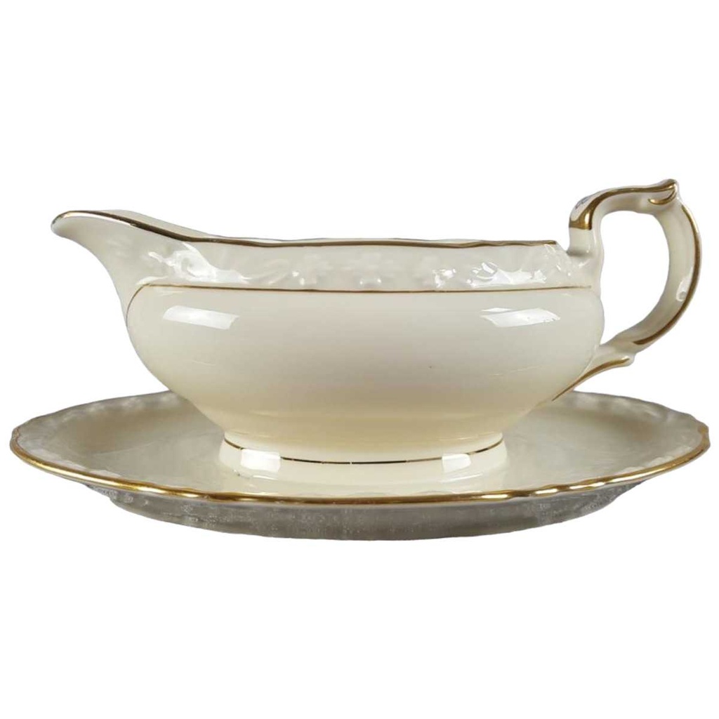 [458117881] Sauciere mit Teller Goldrand 1tlg Winterling elfenbein Blumenrelief Beige gebraucht - gut