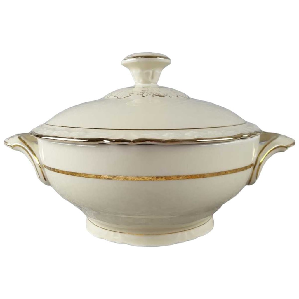 [458117899] Ragoutterrine Servierschüssel Goldrand 1,5 L Winterling elfenbein Blumenrelief mit gebraucht - akzeptabel