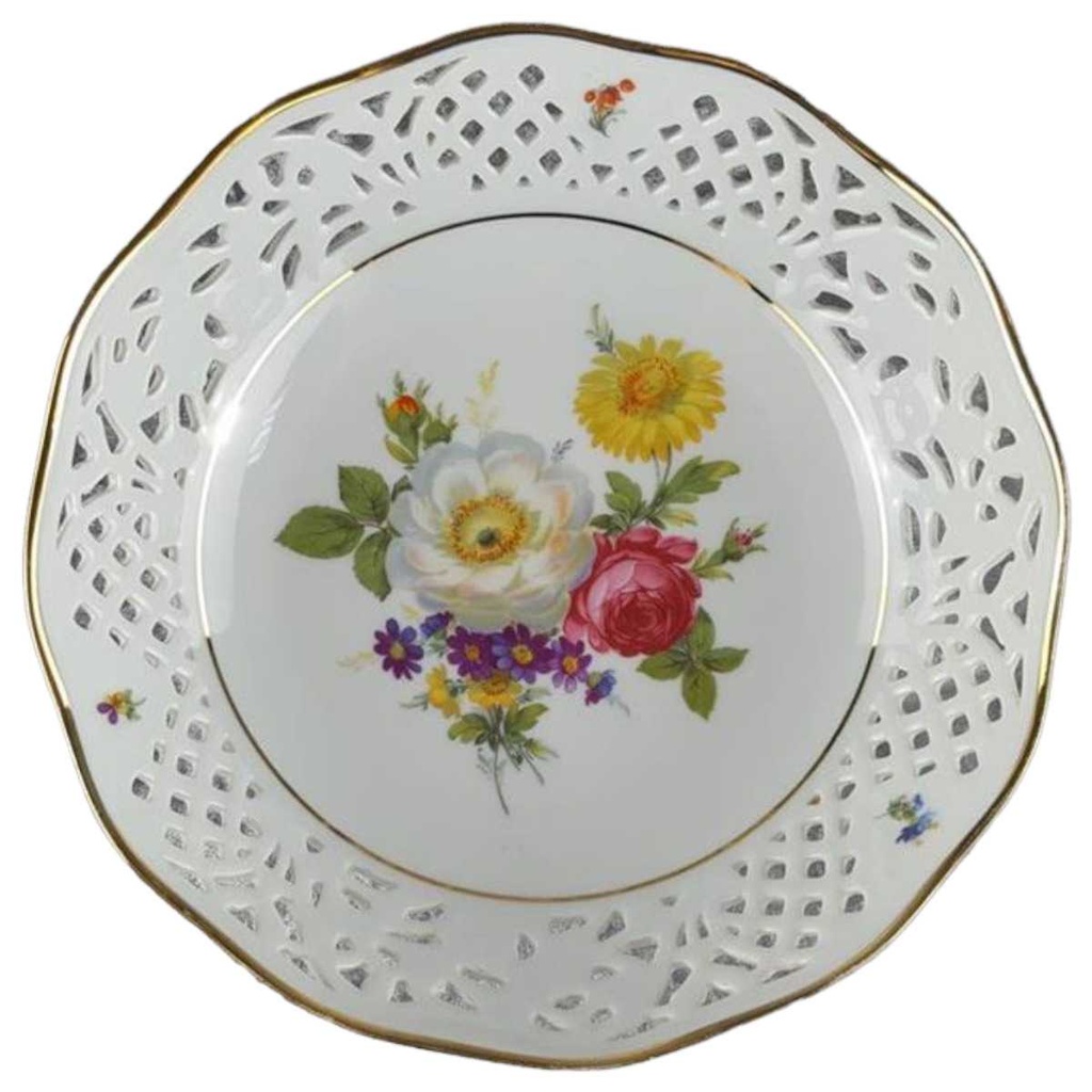 [458118343] Schale Durchbruchschale Goldrand Durchbrucharbeit 23 cm Marienbad Ingres Weiss bunte Blumen gebraucht - gut
