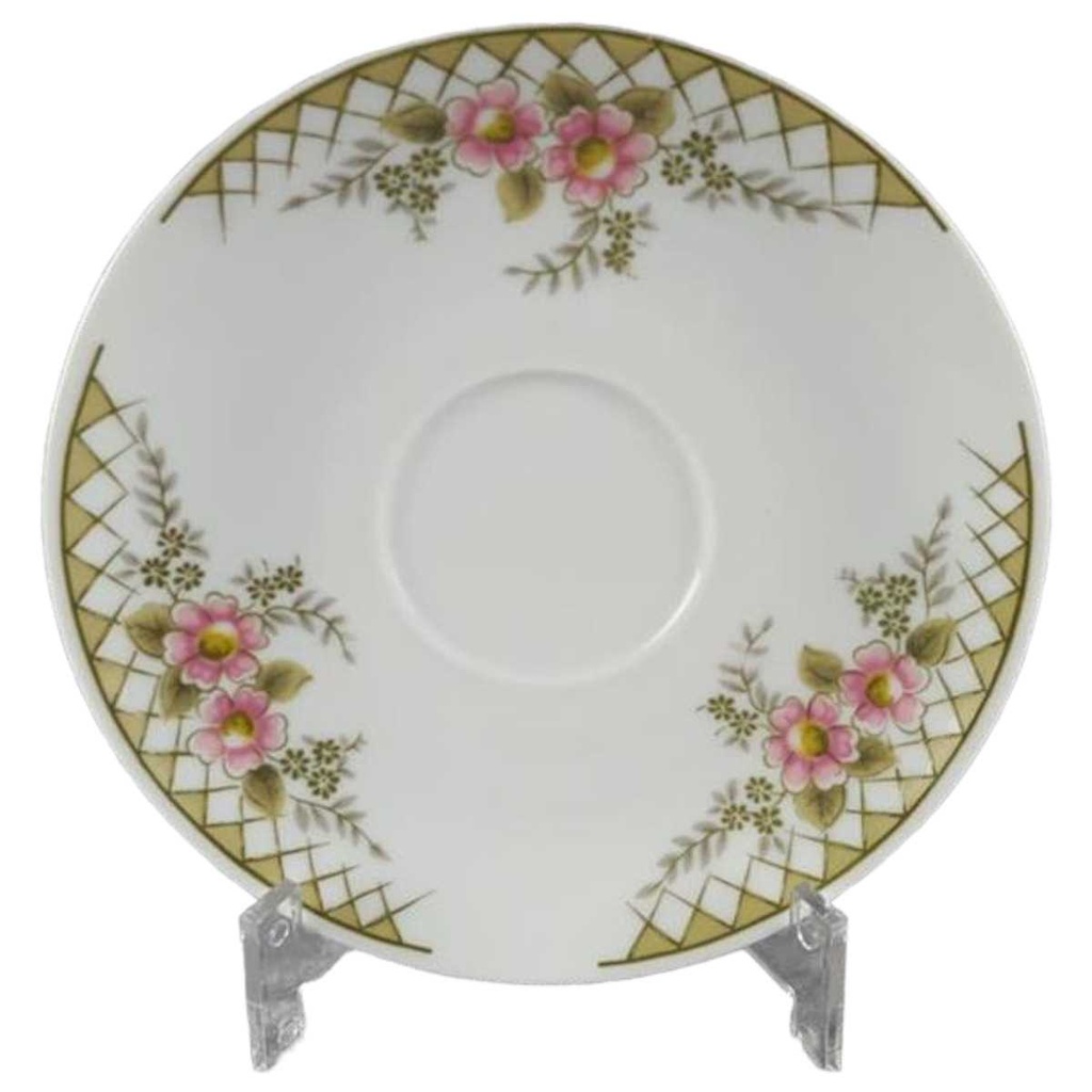 [458118406] Untertasse für Kaffee 14,4 cm Winterling Kirchenlamitz rosa Blumen grün Rautendekor gebraucht - akzeptabel