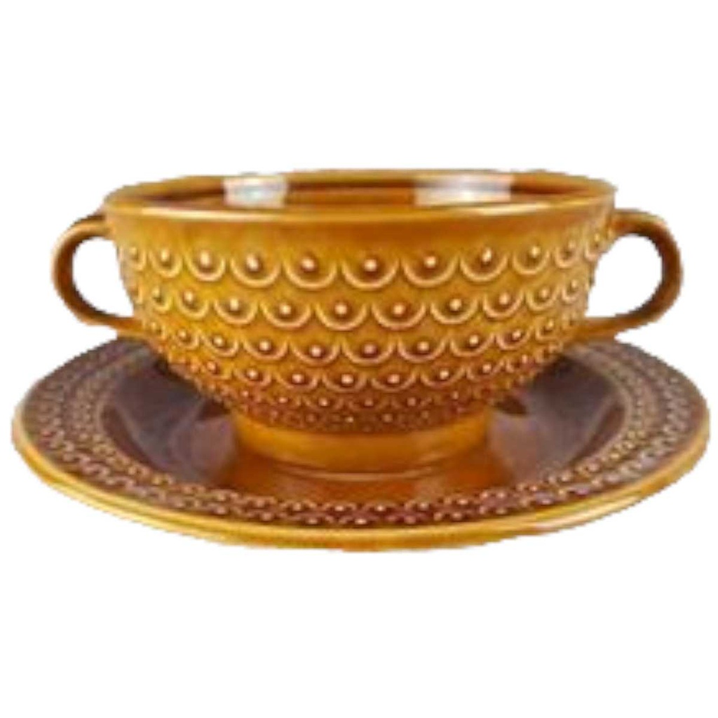 [458119101] Suppentasse mit Untertasse Pagnossin Earthenware braun Relief Punkte & Kreise gebraucht - sehr gut